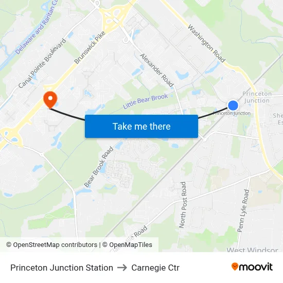 Princeton Junction Station to Carnegie Ctr map