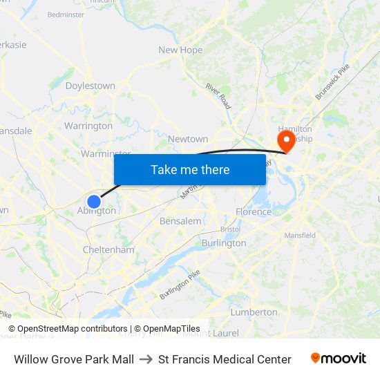 Willow Grove Park Mall to St Francis Medical Center map