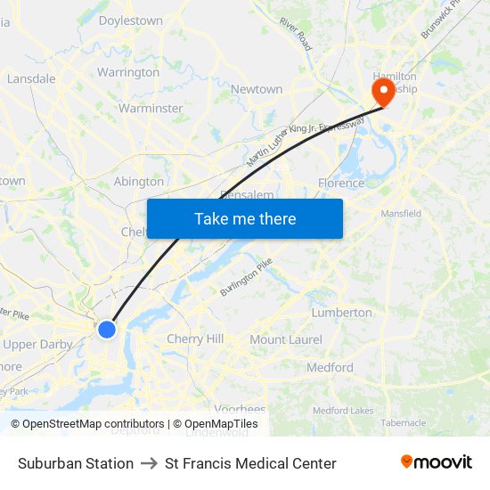 Suburban Station to St Francis Medical Center map