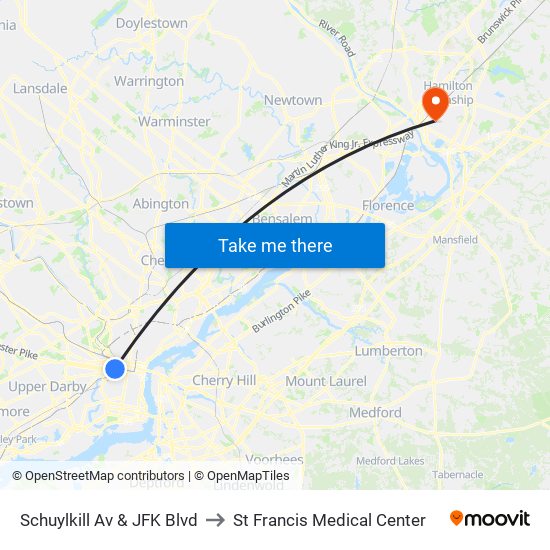 Schuylkill Av & JFK Blvd to St Francis Medical Center map