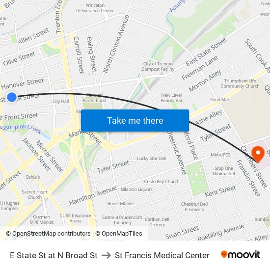 E State St at N Broad St to St Francis Medical Center map