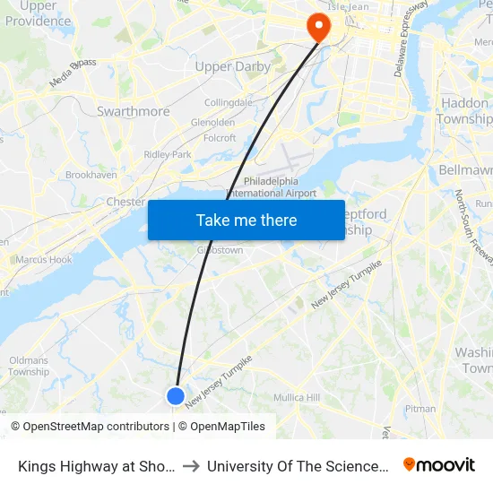 Kings Highway at Shoemaker Drive to University Of The Sciences In Philadelphia map