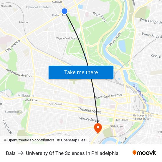 Bala to University Of The Sciences In Philadelphia map