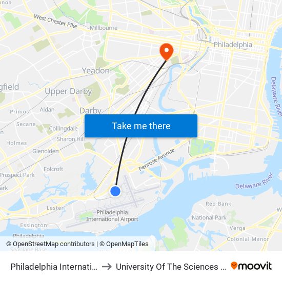 Philadelphia International Airport to University Of The Sciences In Philadelphia map