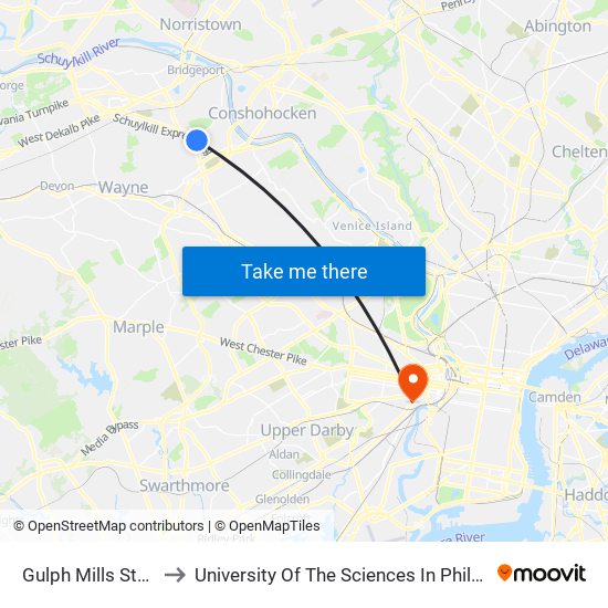 Gulph Mills Station to University Of The Sciences In Philadelphia map