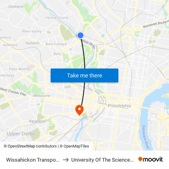 Wissahickon Transportation Center to University Of The Sciences In Philadelphia map