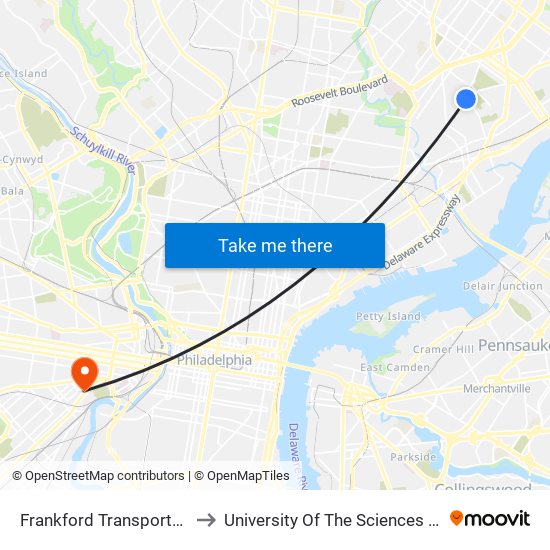 Frankford Transportation Center to University Of The Sciences In Philadelphia map