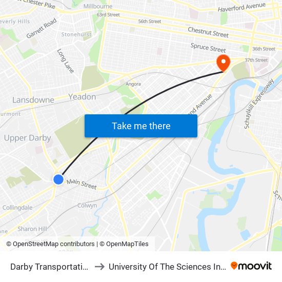 Darby Transportation Center to University Of The Sciences In Philadelphia map