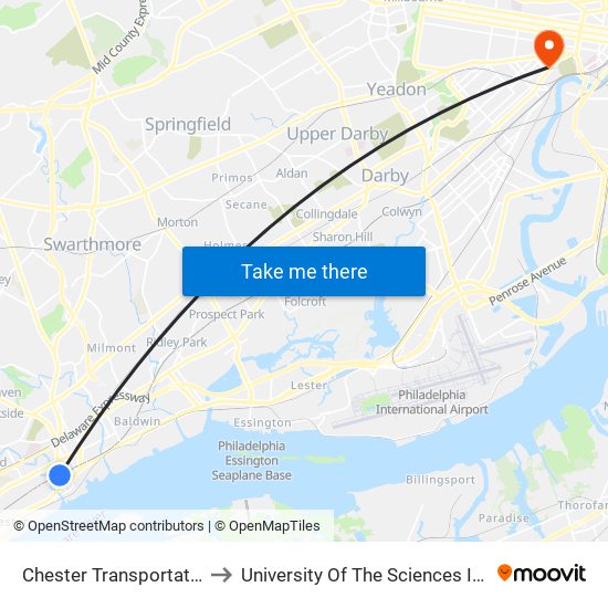 Chester Transportation Center to University Of The Sciences In Philadelphia map