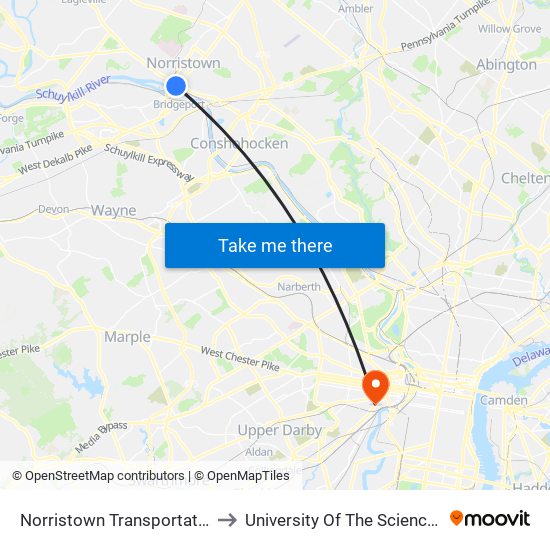 Norristown Transportation Center - Nhsl to University Of The Sciences In Philadelphia map