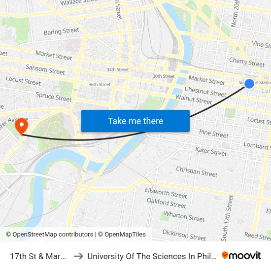 17th St & Market St to University Of The Sciences In Philadelphia map