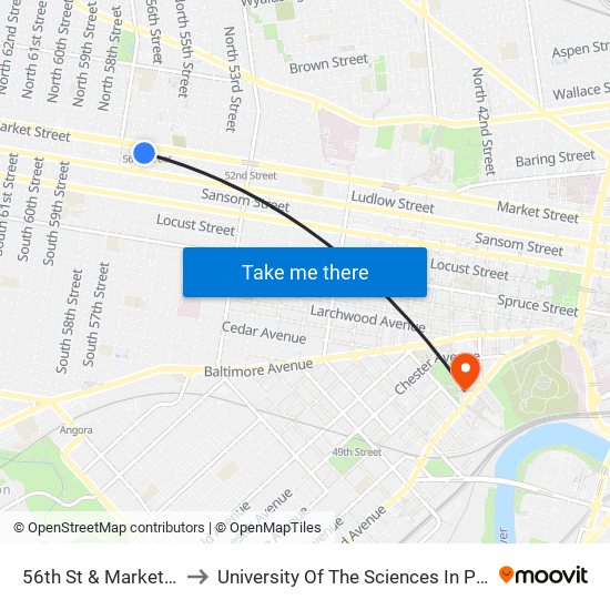 56th St & Market St - Fs to University Of The Sciences In Philadelphia map