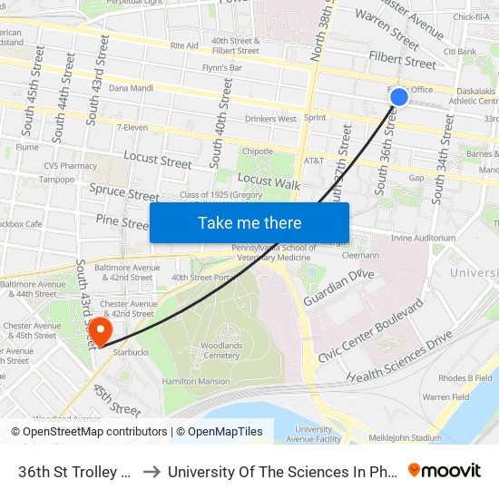 36th St Trolley Portal to University Of The Sciences In Philadelphia map