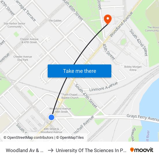 Woodland Av & 49th St to University Of The Sciences In Philadelphia map