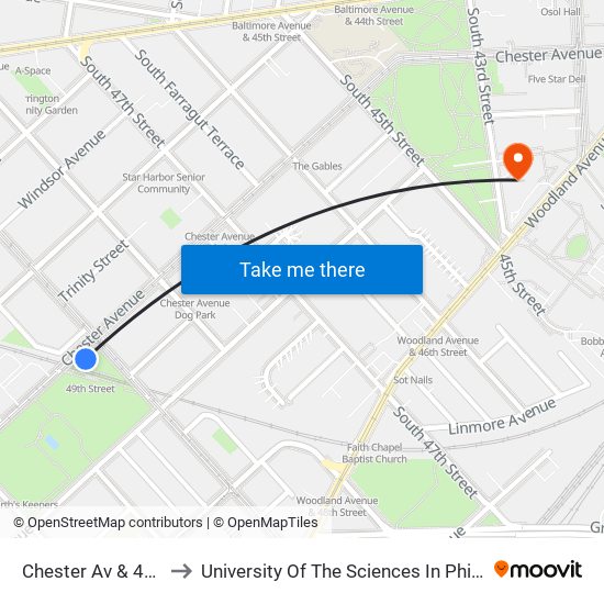 Chester Av & 49th St to University Of The Sciences In Philadelphia map