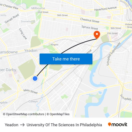 Yeadon to University Of The Sciences In Philadelphia map