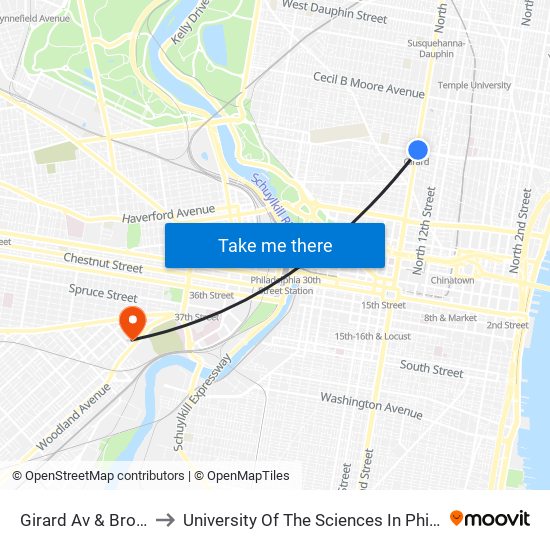 Girard Av & Broad St to University Of The Sciences In Philadelphia map