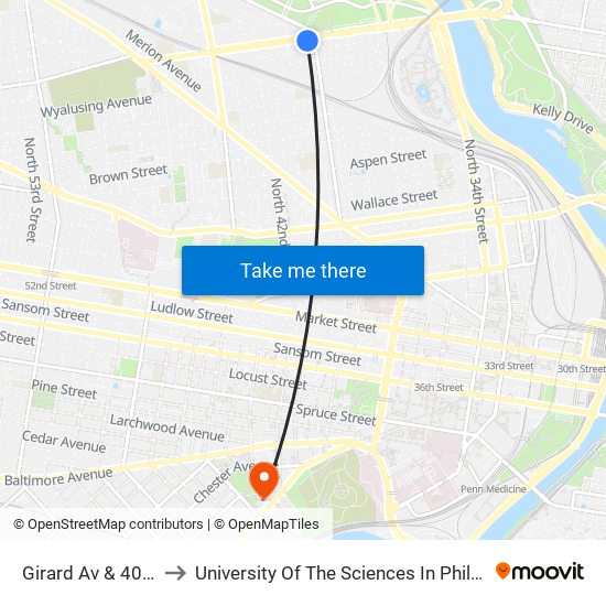 Girard Av & 40th St to University Of The Sciences In Philadelphia map