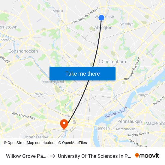 Willow Grove Park Mall to University Of The Sciences In Philadelphia map