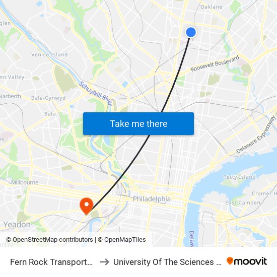 Fern Rock Transportation Center to University Of The Sciences In Philadelphia map