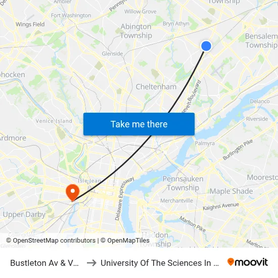 Bustleton Av & Verree Rd to University Of The Sciences In Philadelphia map
