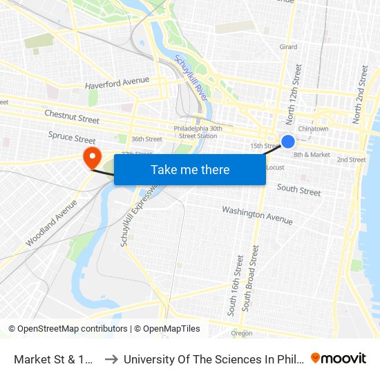 Market St & 12th St to University Of The Sciences In Philadelphia map