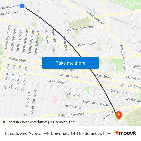 Lansdowne Av & 60th St to University Of The Sciences In Philadelphia map