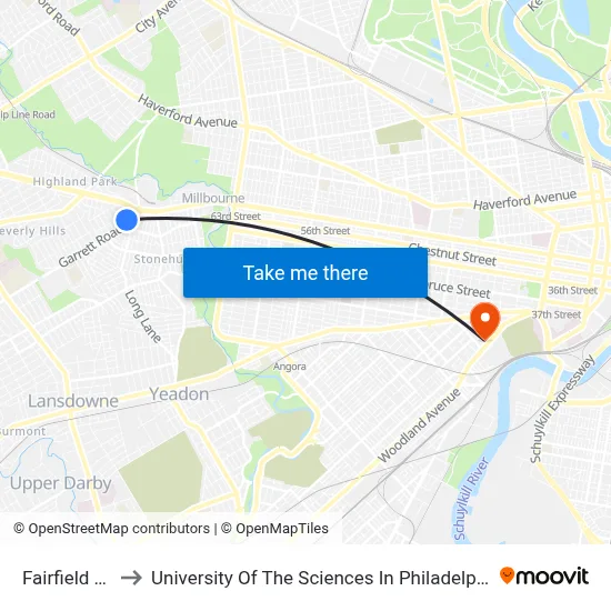 Fairfield Av to University Of The Sciences In Philadelphia map