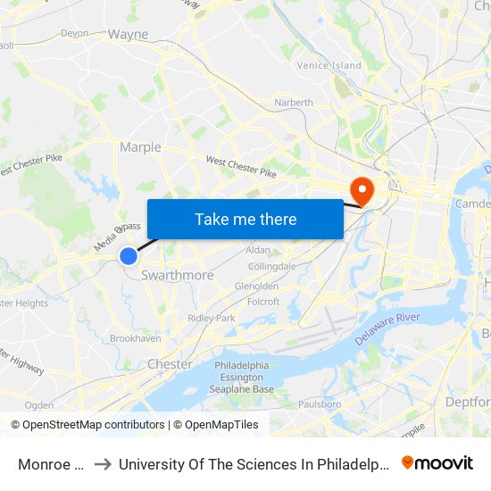 Monroe St to University Of The Sciences In Philadelphia map