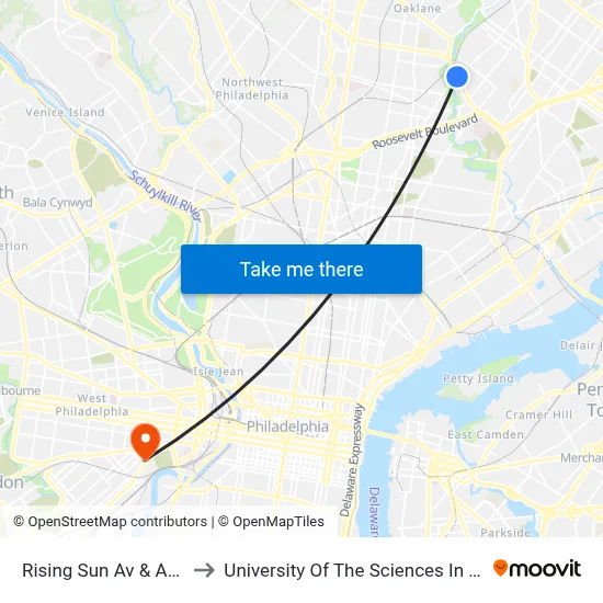 Rising Sun Av & Adams Av to University Of The Sciences In Philadelphia map