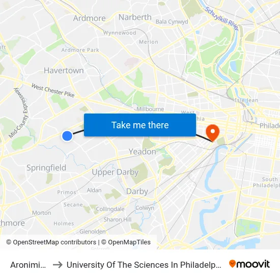 Aronimink to University Of The Sciences In Philadelphia map