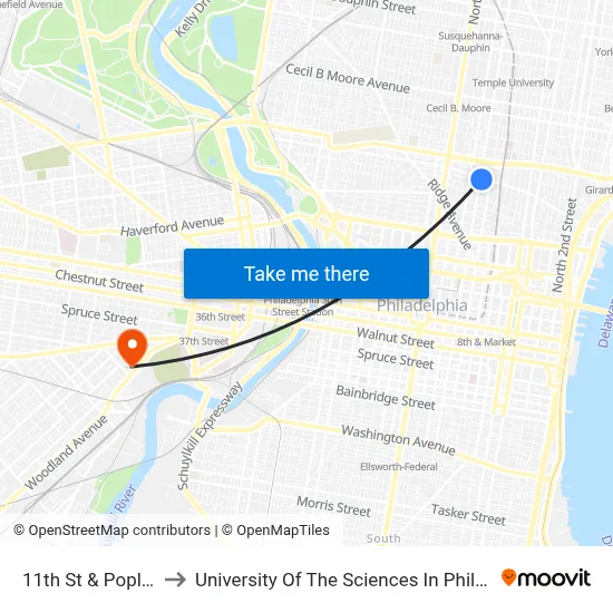 11th St & Poplar St to University Of The Sciences In Philadelphia map