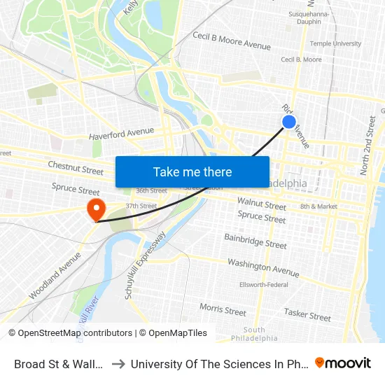 Broad St & Wallace St to University Of The Sciences In Philadelphia map
