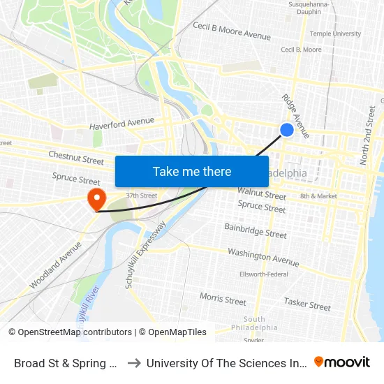 Broad St & Spring Garden St to University Of The Sciences In Philadelphia map