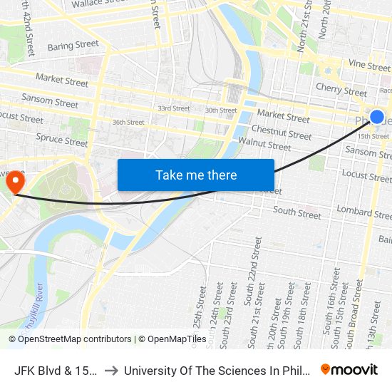 JFK Blvd & 15th St to University Of The Sciences In Philadelphia map