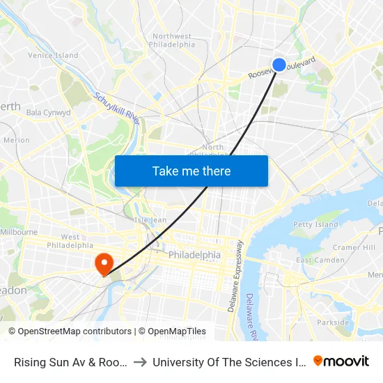 Rising Sun Av & Roosevelt Blvd to University Of The Sciences In Philadelphia map