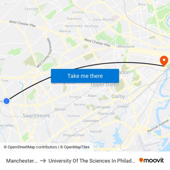 Manchester Av to University Of The Sciences In Philadelphia map