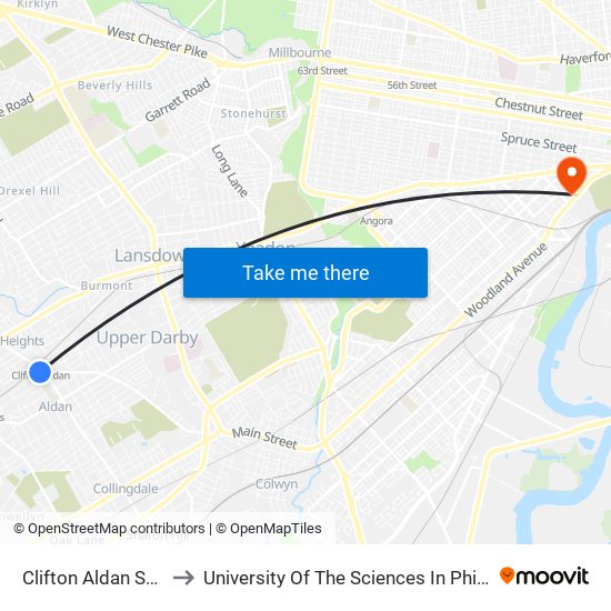 Clifton Aldan Station to University Of The Sciences In Philadelphia map