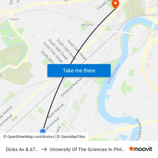 Dicks Av & 67th St to University Of The Sciences In Philadelphia map