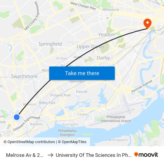 Melrose Av & 22nd St to University Of The Sciences In Philadelphia map