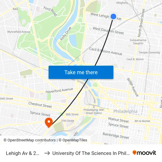 Lehigh Av & 24th St to University Of The Sciences In Philadelphia map