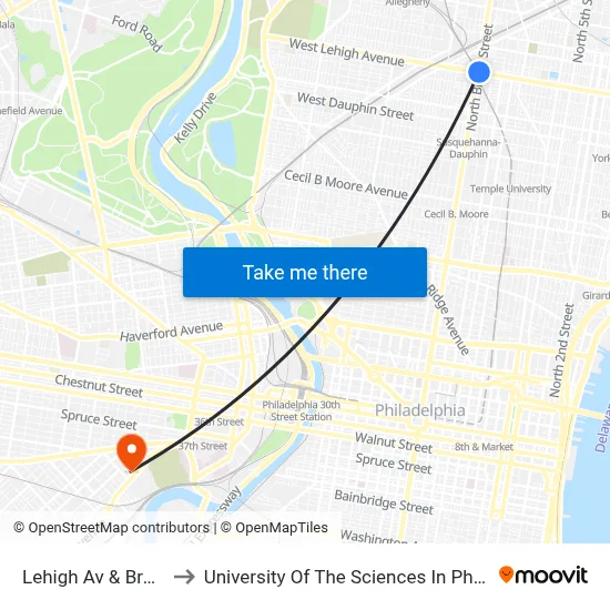 Lehigh Av & Broad St to University Of The Sciences In Philadelphia map