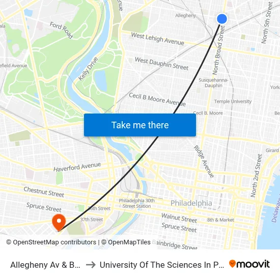 Allegheny Av & Broad St to University Of The Sciences In Philadelphia map