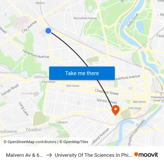 Malvern Av & 63rd St to University Of The Sciences In Philadelphia map