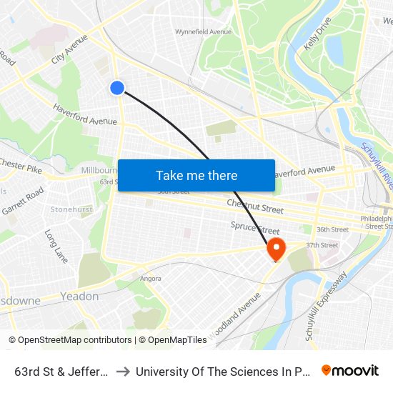 63rd St & Jefferson St to University Of The Sciences In Philadelphia map