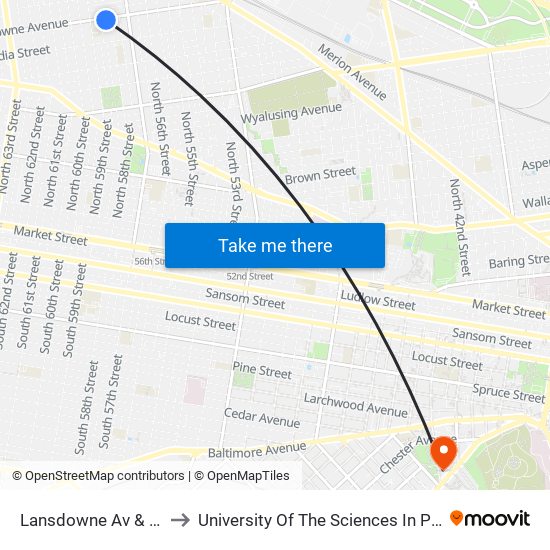 Lansdowne Av & 58th St to University Of The Sciences In Philadelphia map