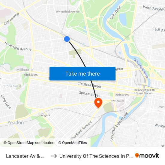 Lancaster Av & Media St to University Of The Sciences In Philadelphia map