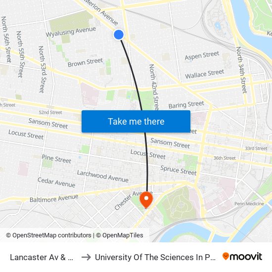 Lancaster Av & 45th St to University Of The Sciences In Philadelphia map