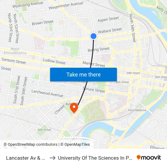 Lancaster Av & 40th St to University Of The Sciences In Philadelphia map
