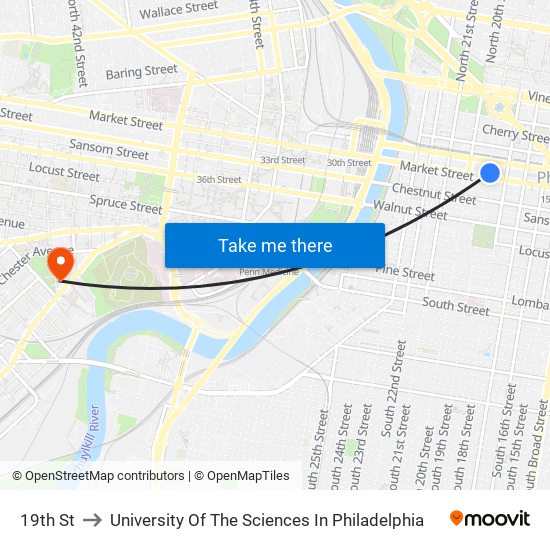 19th St to University Of The Sciences In Philadelphia map